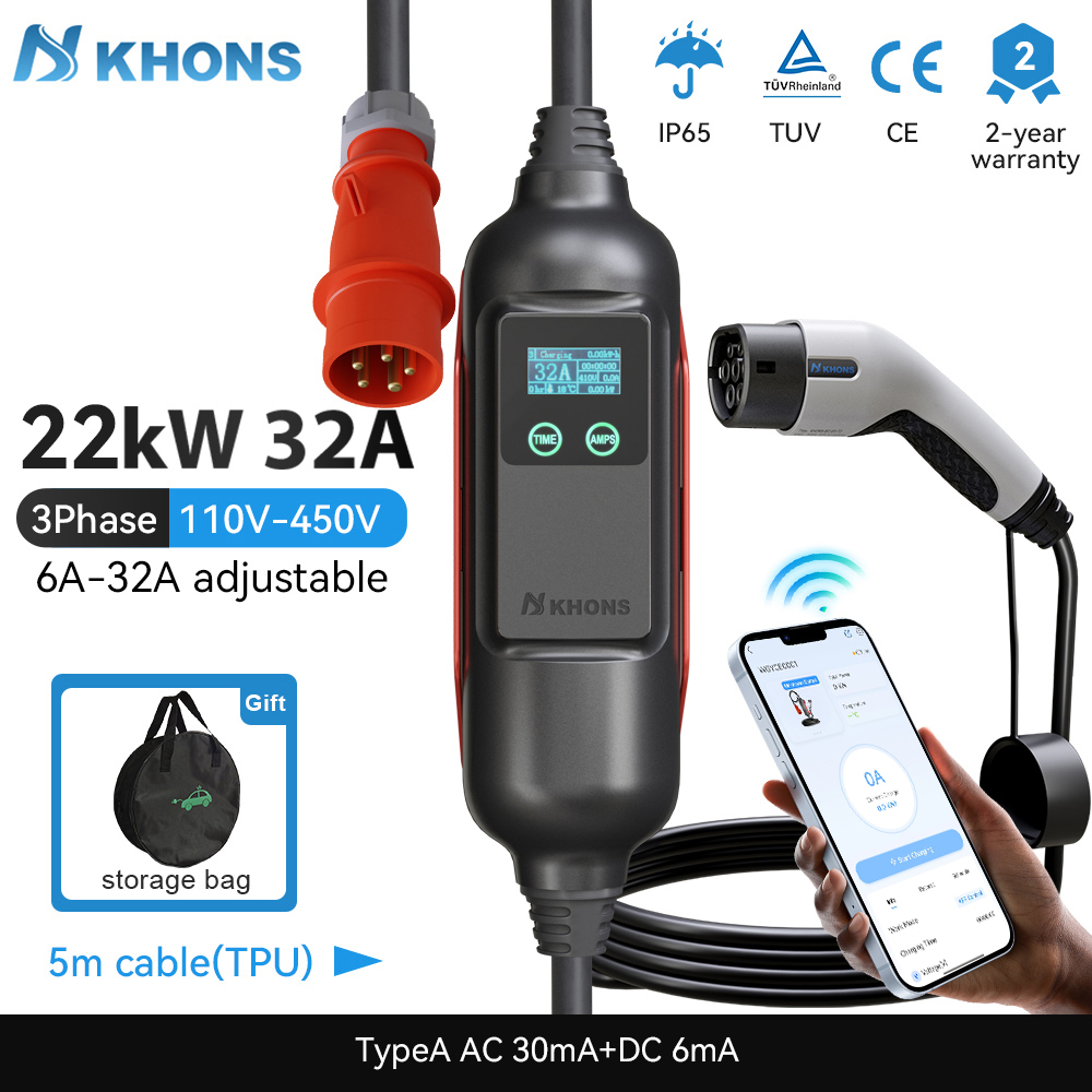 Ev Charging Cable 5M 22Kw - Khons Caricatore EV portatile Type2 32A