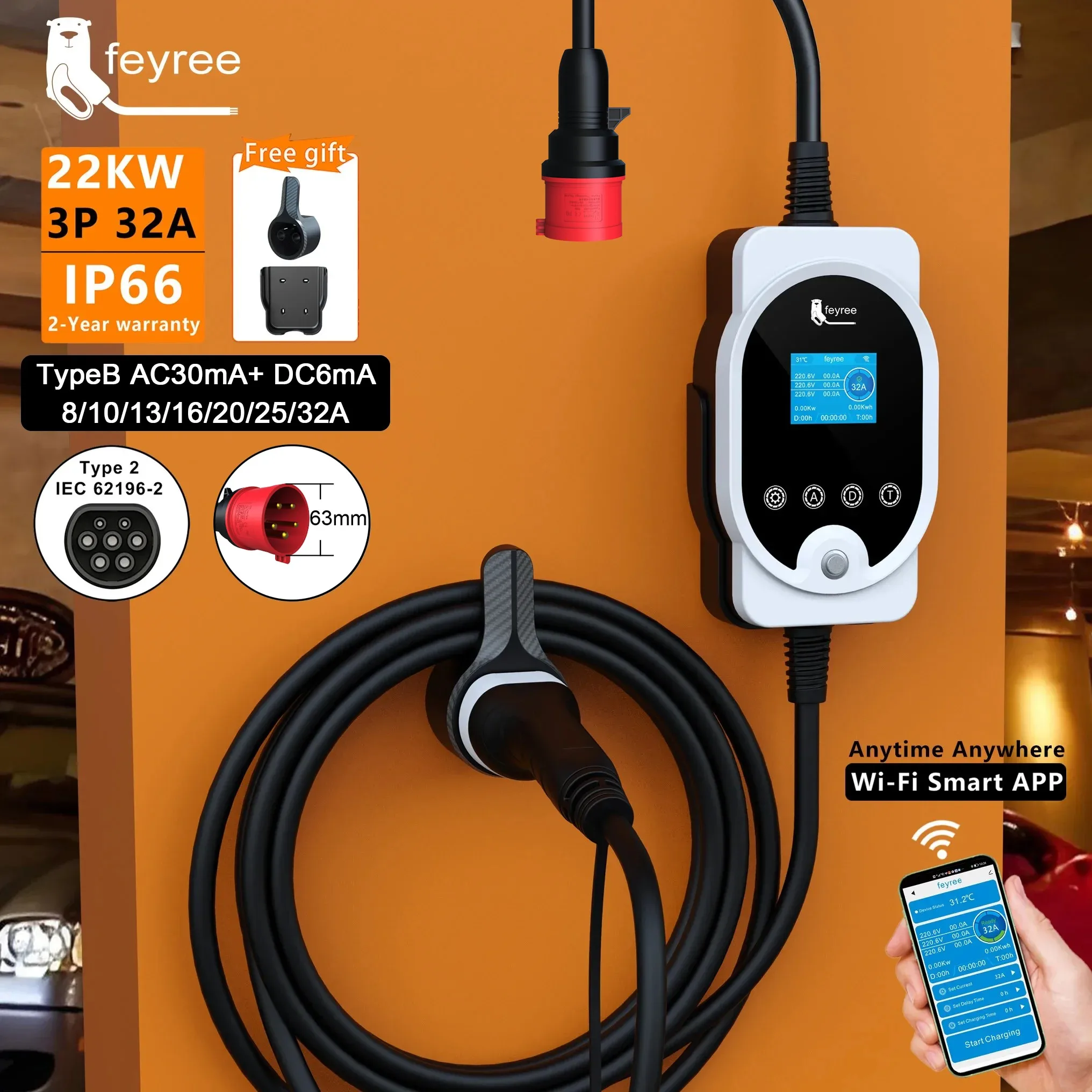 Ev Charger 22Kw Wallbox Type 2 - Feyree 22KW Tipo 2 Cavo EVSE