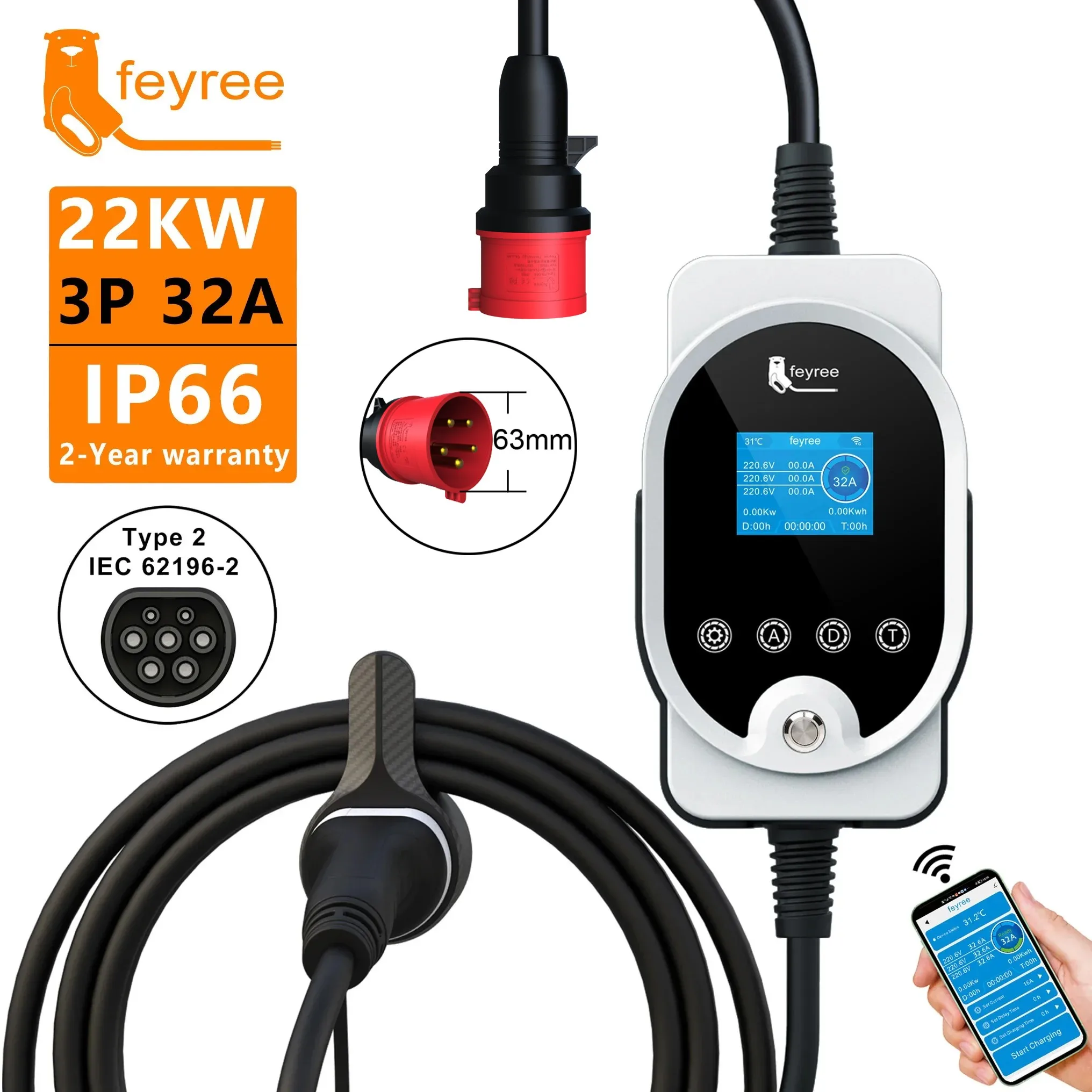Feyree 22KW Tipo 2 Cavo EVSE W - Ev Charger 22Kw Wallbox Type 2 recensione e prezzo
